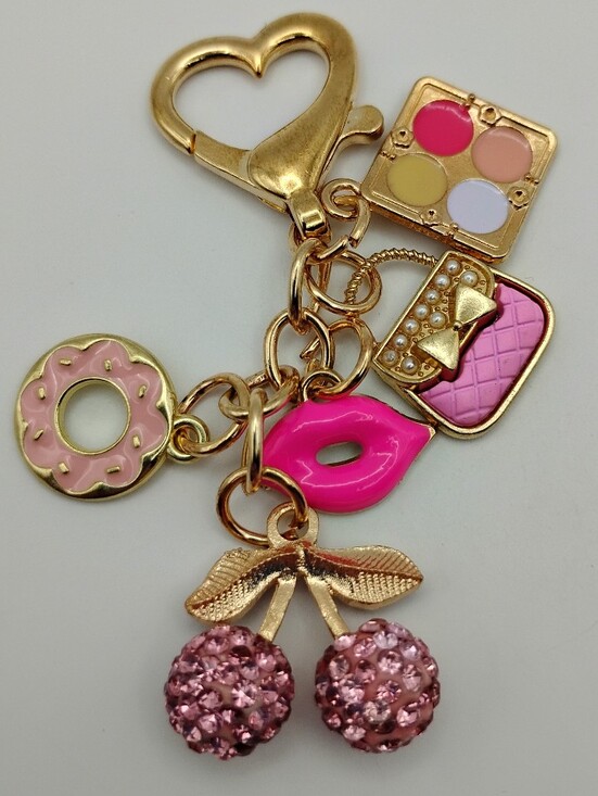 Accessories - Gold-tone Pink Cherry & Charm Keychain with Lip and Donut Charms BNWOT